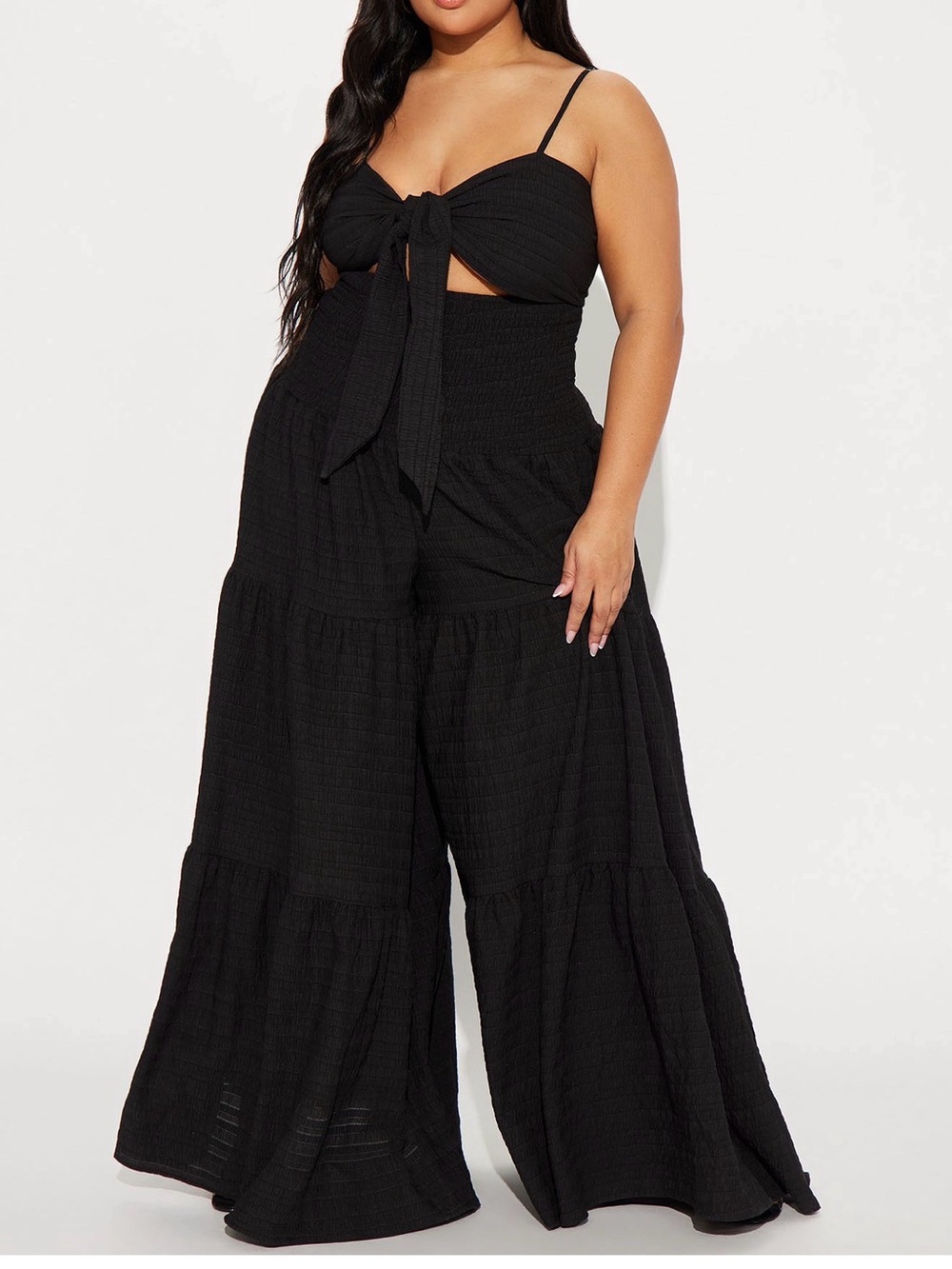 Jumpsuit Plus Black Tie-Front Wide Leg Jumpsuit